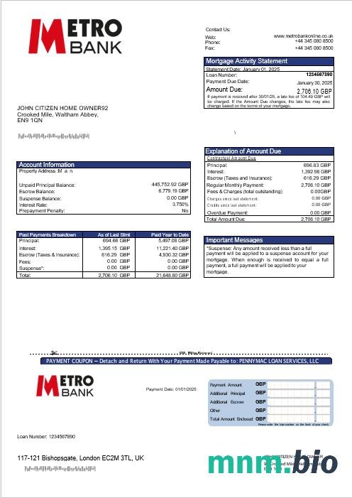Zjednoczone Królestwo Metro Bank wyciąg z kredytu hipotecznego w formatach Word i PDF